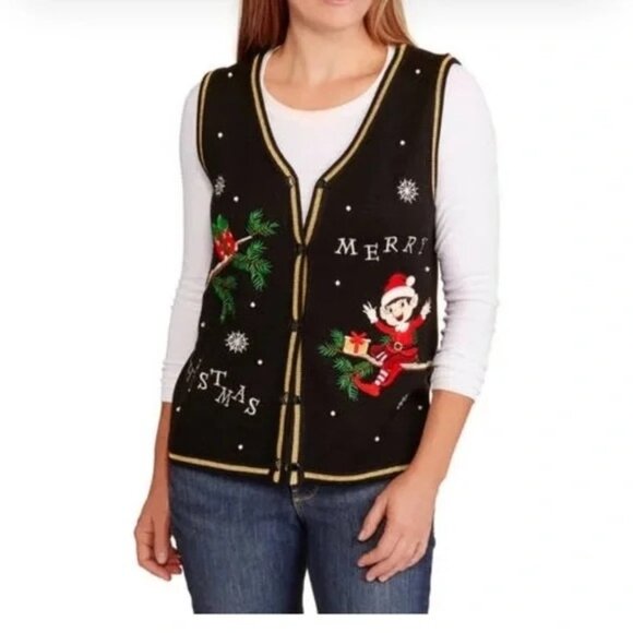 Vintage Holiday Time M Black Knit Ugly Christmas Sweater Vest Elf Embroidery - Picture 1 of 8